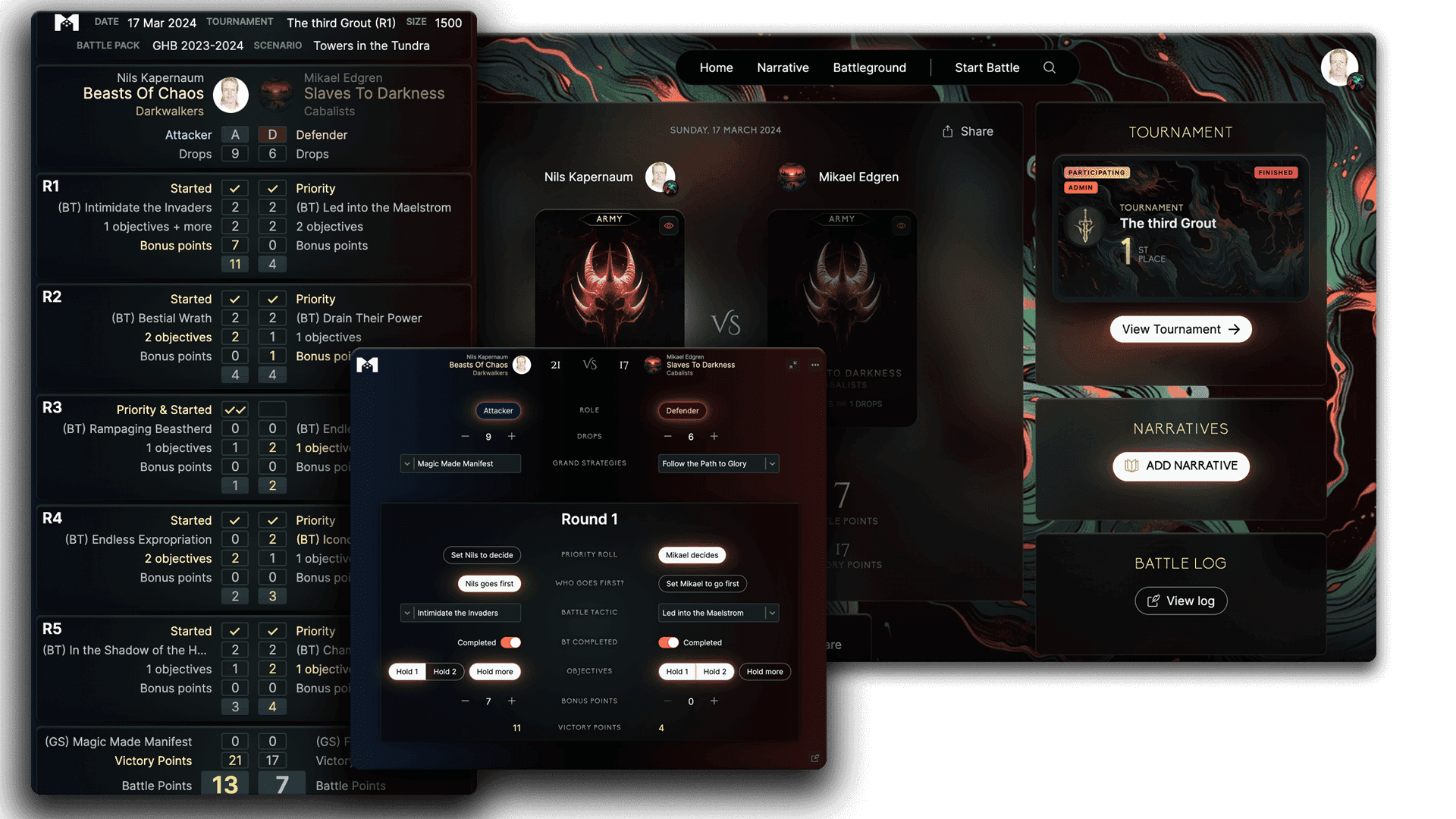 Battle result page with a scorecard and the game tracker overlayed on top of it